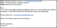 Work From Home Position email screenshot for a part time job with UNICEF for up to $500 per week